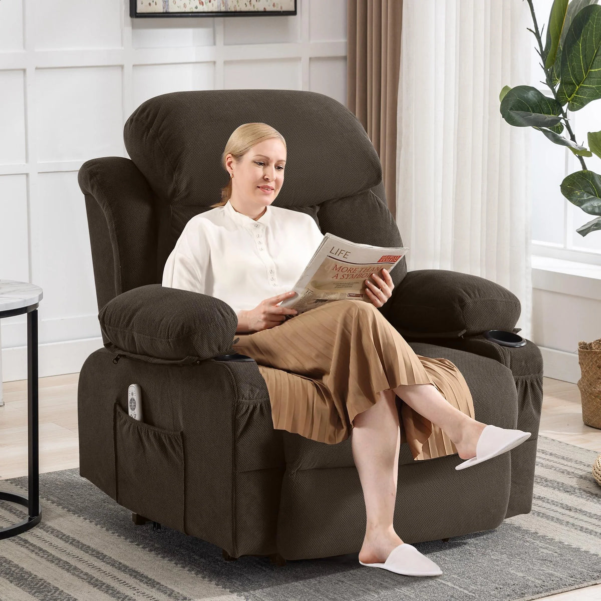 Brown PU Leather Power Lift Recliner Chair with Massage and Heating K36722