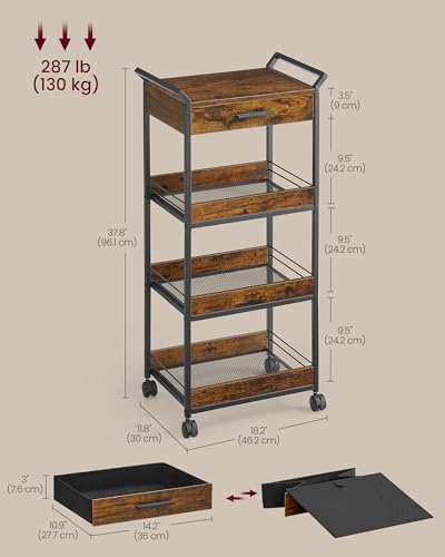 4-Tier Rolling Utility Cart with Table Top, Handles, Lockable Casters, Top Drawer, Mesh Shelves, Rustic Brown and Ink Black G685513