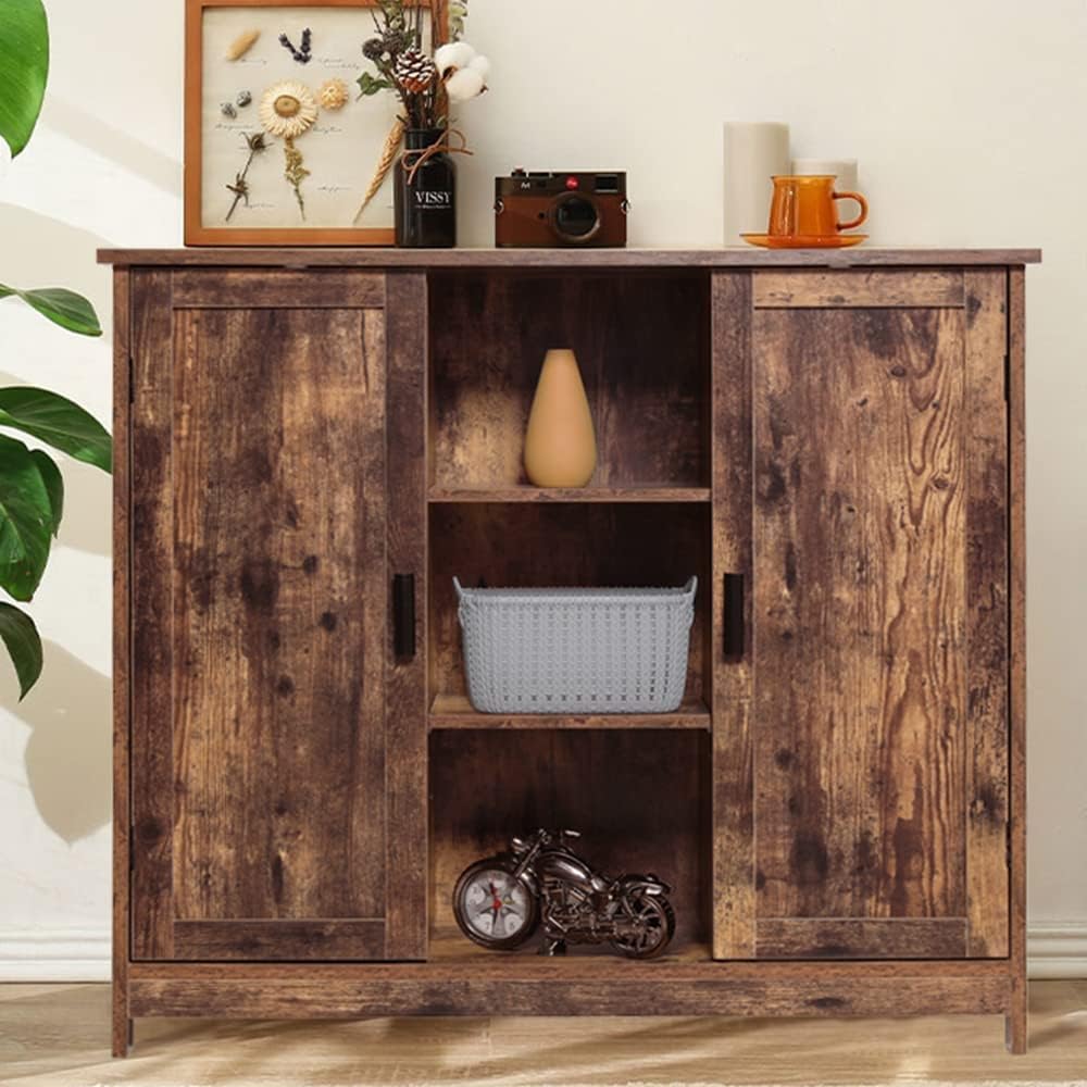 Retro Brown Wooden Floor Storage Cabinet with 2 Doors and 2 Open Shelves M353134