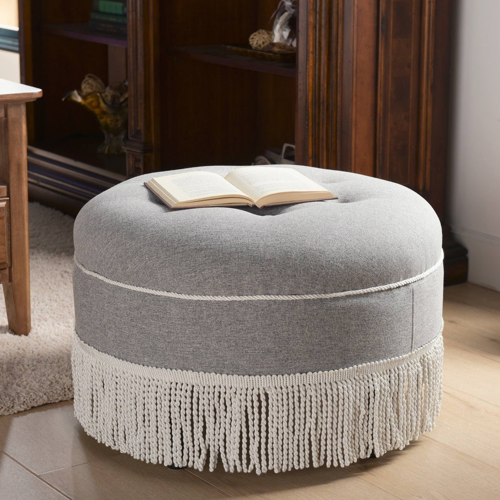 Off White Tufted Round Ottoman O287003