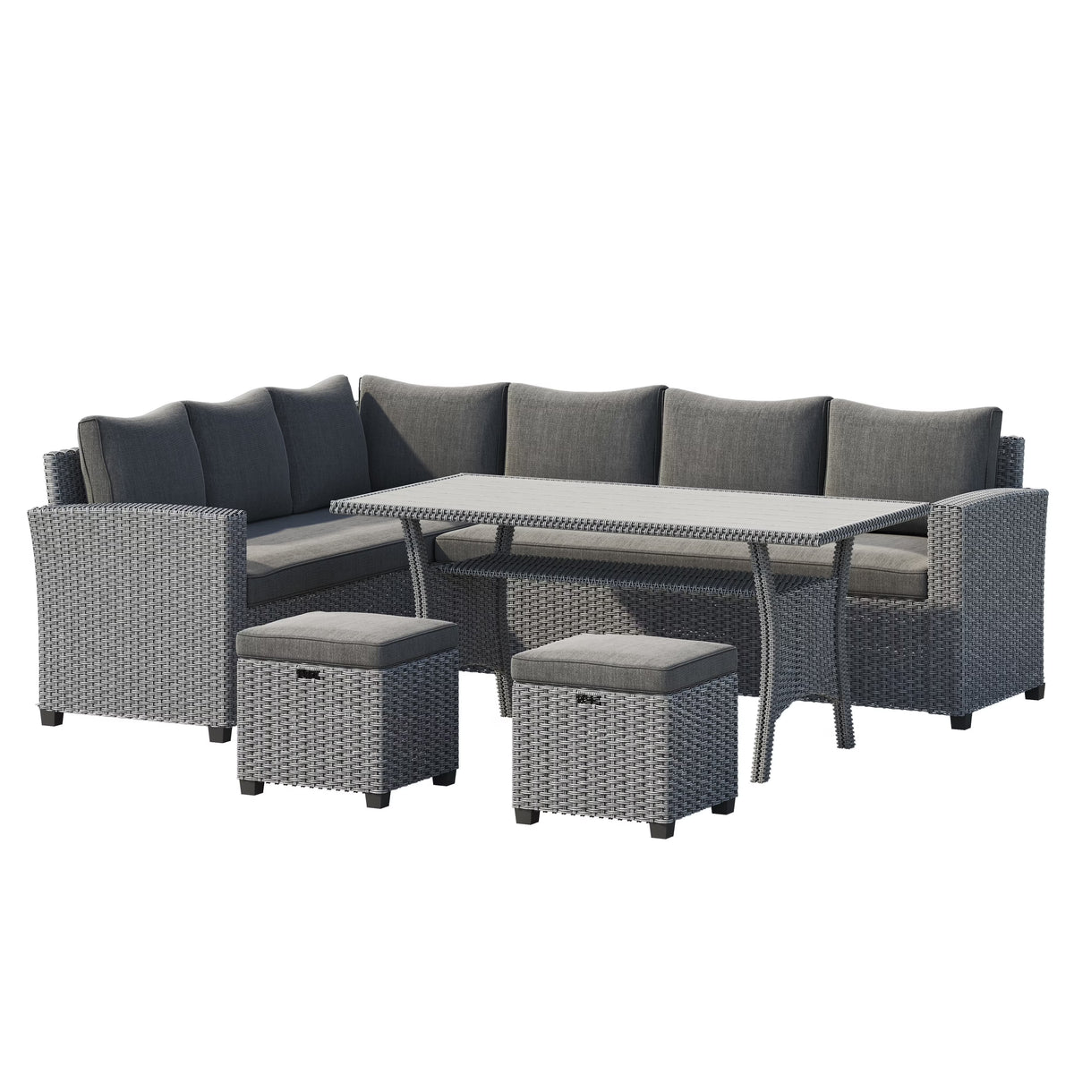 Cushioned Rattan Wicker 5-piece Patio Dining Sofa Set Dark Grey U139