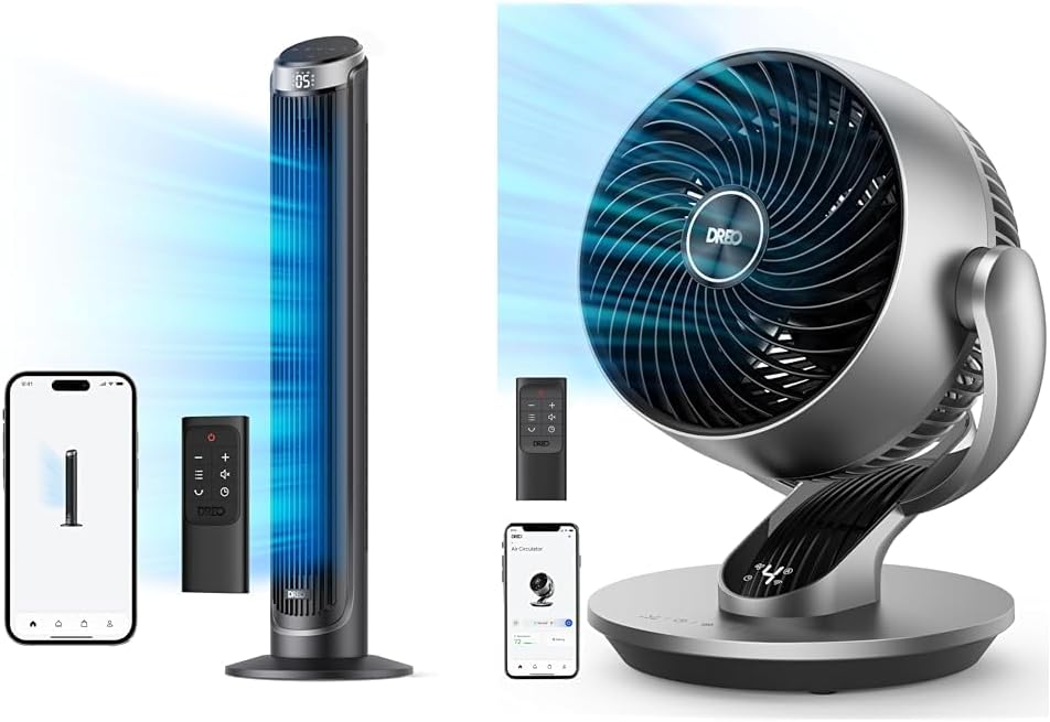 90° Oscillating Quiet Bladeless Tower Fan and 13" Table Fan Bundle with Remote R198