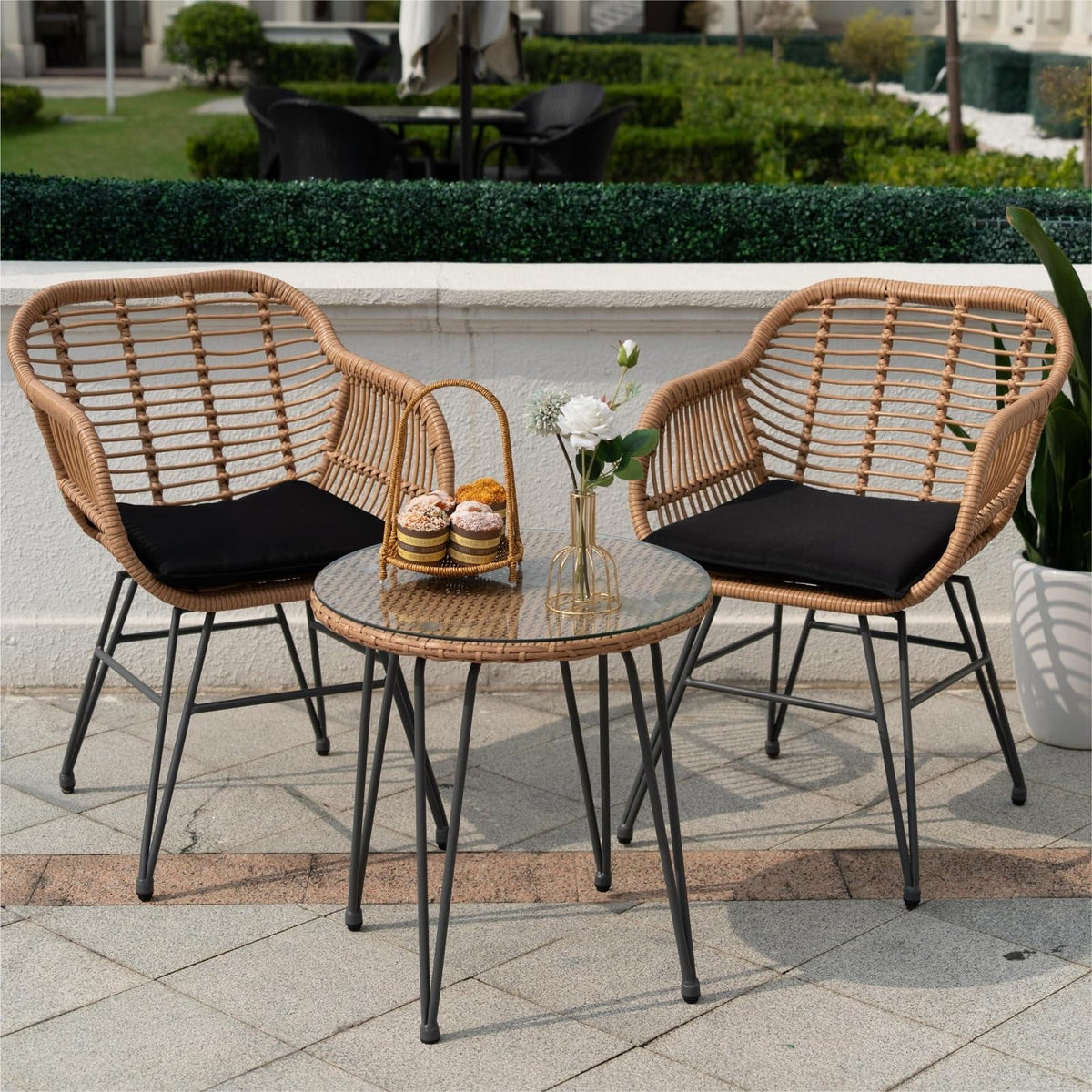 3 Piece Black PE Rattan Outdoor Wicker Bistro Set with Cushions H25269