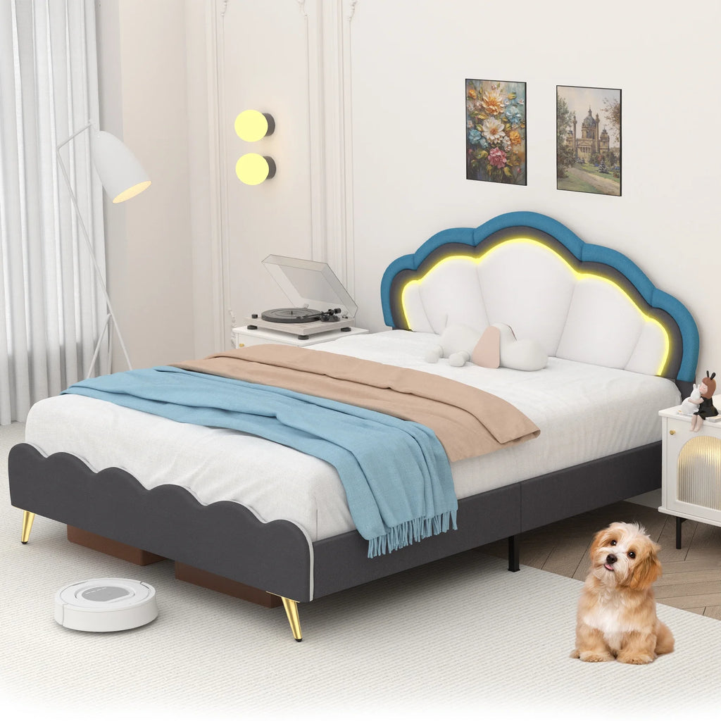 Twin Size White Velvet Upholstered Platform Bed with Adjustable Headboard L497