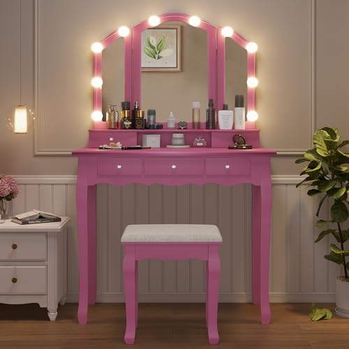 White Vanity Desk with Lighted Mirror and Stool, 5 Drawers Z8557