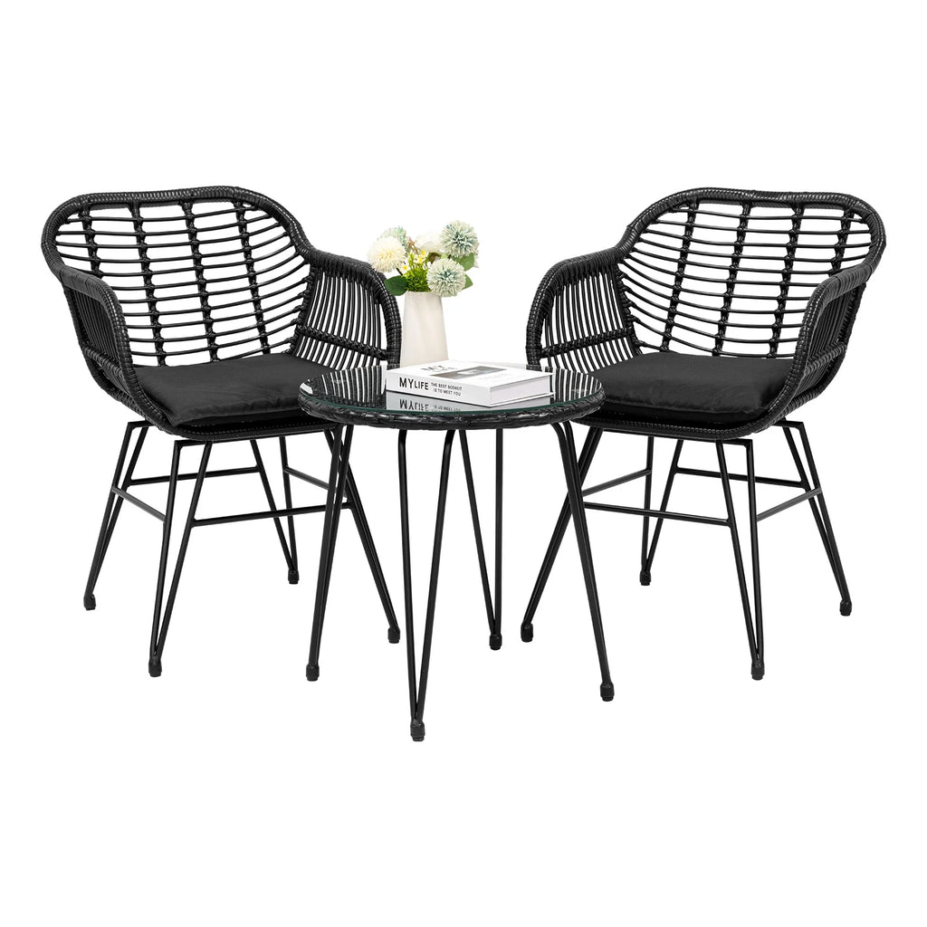 3 Piece Black PE Rattan Outdoor Wicker Bistro Set with Cushions H25269