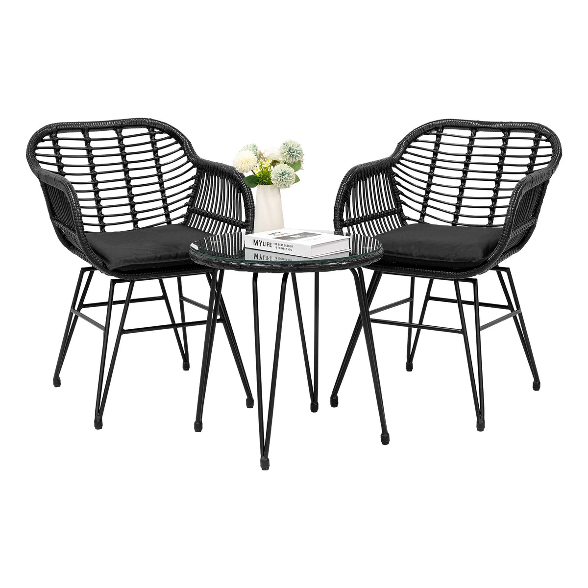 3 Piece Black PE Rattan Outdoor Wicker Bistro Set with Cushions H25269