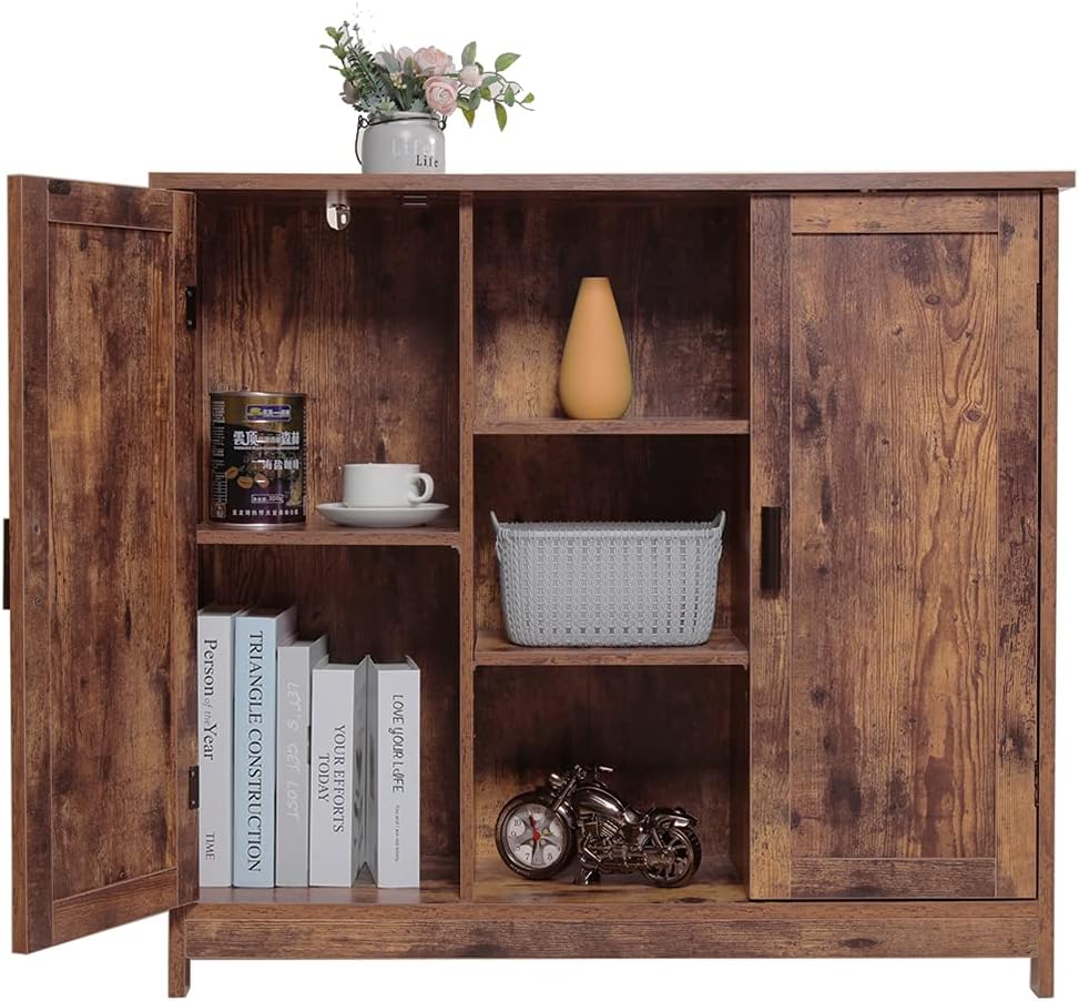Retro Brown Wooden Floor Storage Cabinet with 2 Doors and 2 Open Shelves M353134