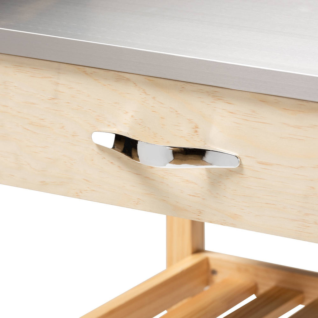 Pine Wood and Stainless Steel 2-Drawer Kitchen Island Utility Storage Cart L295