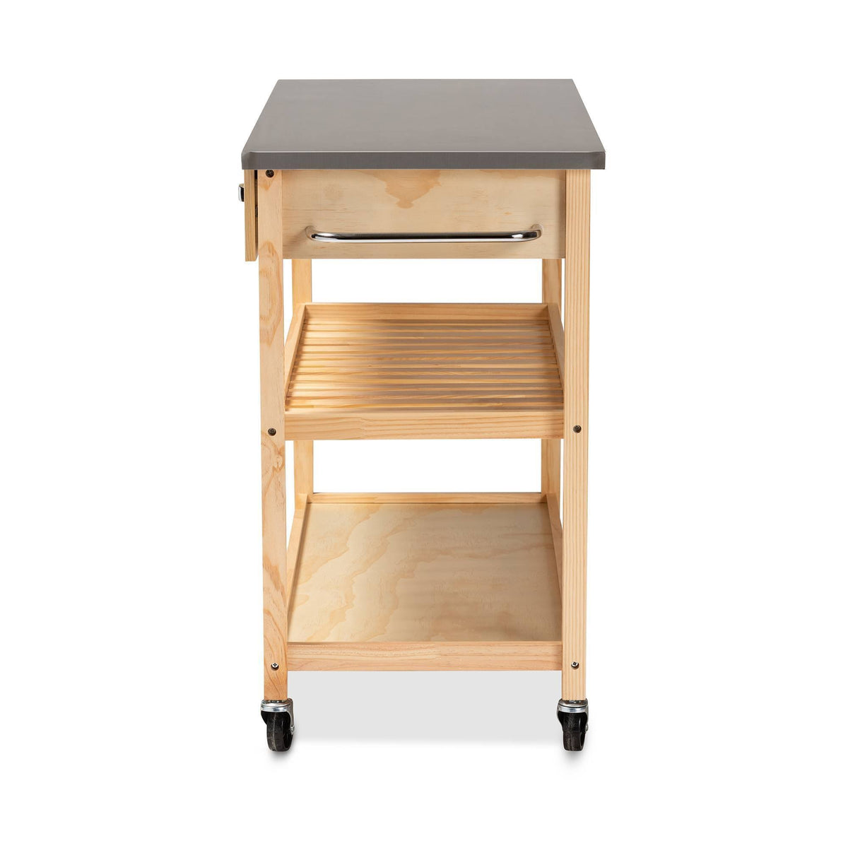 Pine Wood and Stainless Steel 2-Drawer Kitchen Island Utility Storage Cart L295