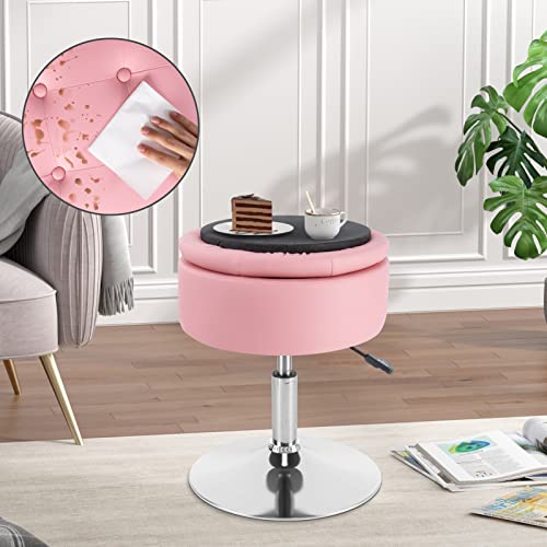 Black PU Leather Adjustable Height 17.9" to 24.4" Round Vanity Stool with Storage R36972