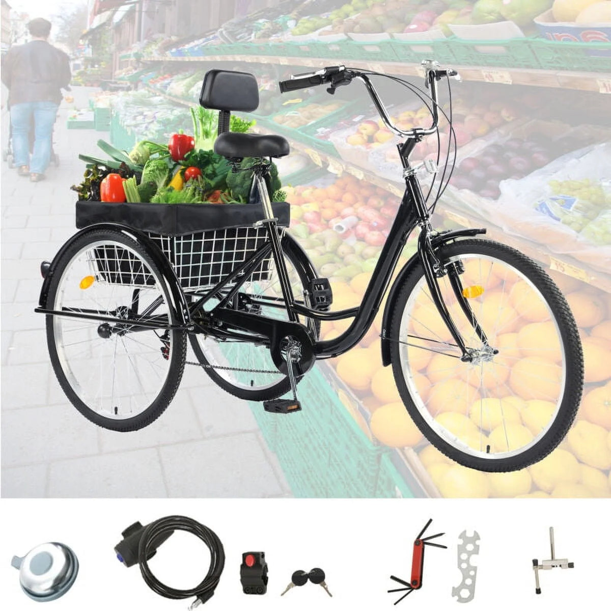 26 Inch 7-Speed 3-Wheel Bike (Black) M145