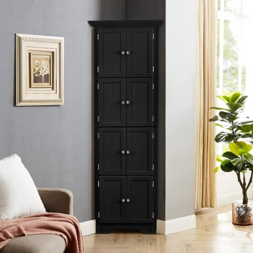 Black Tall Corner Storage Cabinet with Doors and 4 Shelves J6559