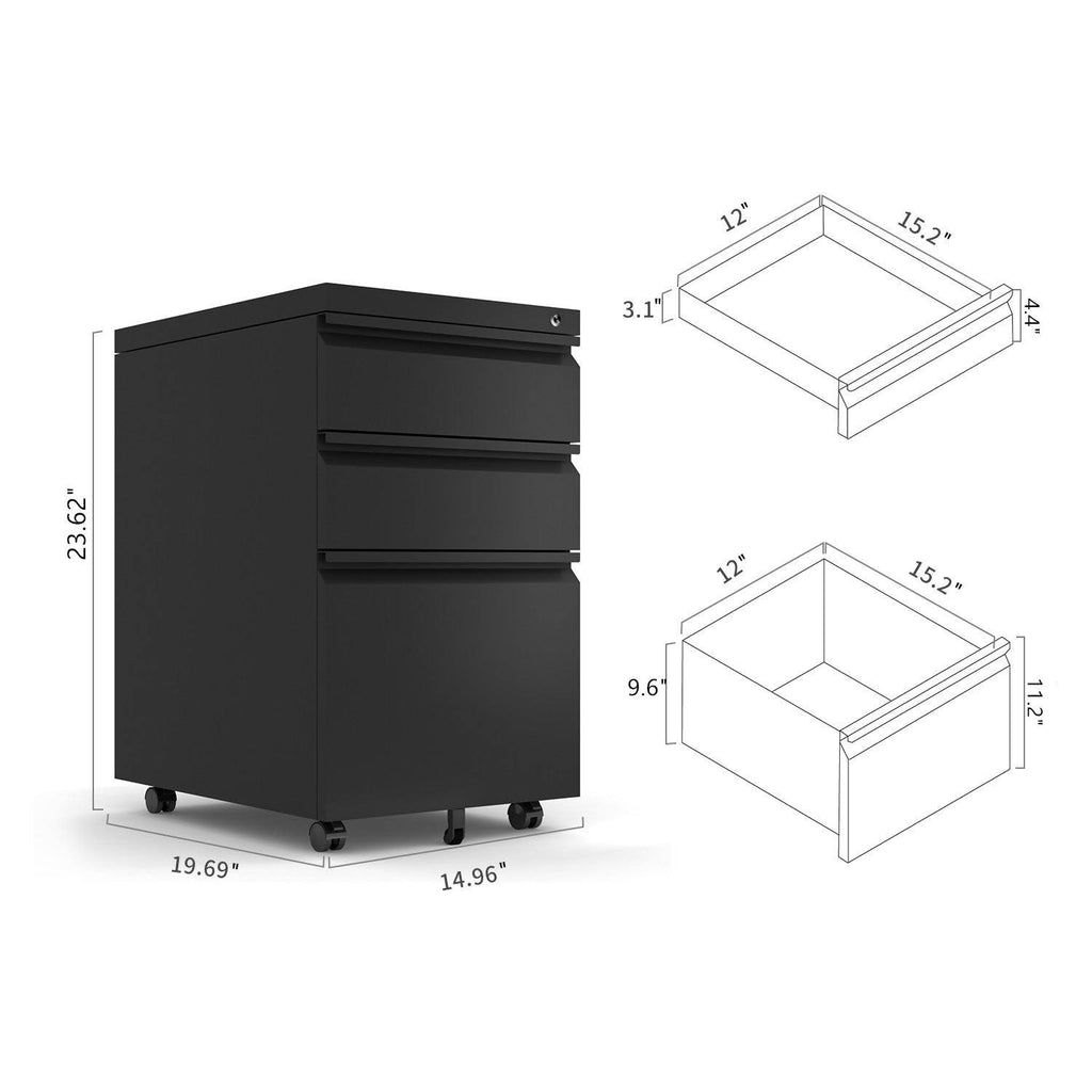 3-Drawer Metal Locking Mobile File Cabinet White L741