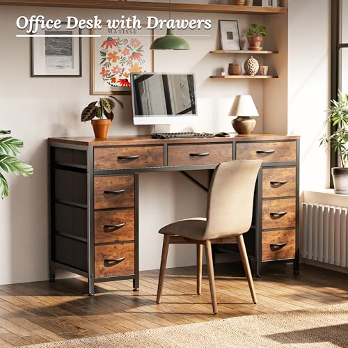 47 Inch Office Desk with Outlets and 9 Fabric Drawers S72028