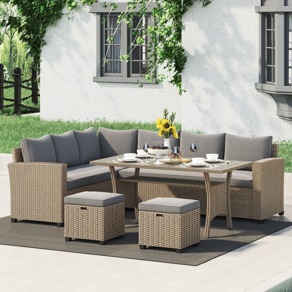 Cushioned Rattan Wicker 5-piece Patio Dining Sofa Set Dark Grey U139