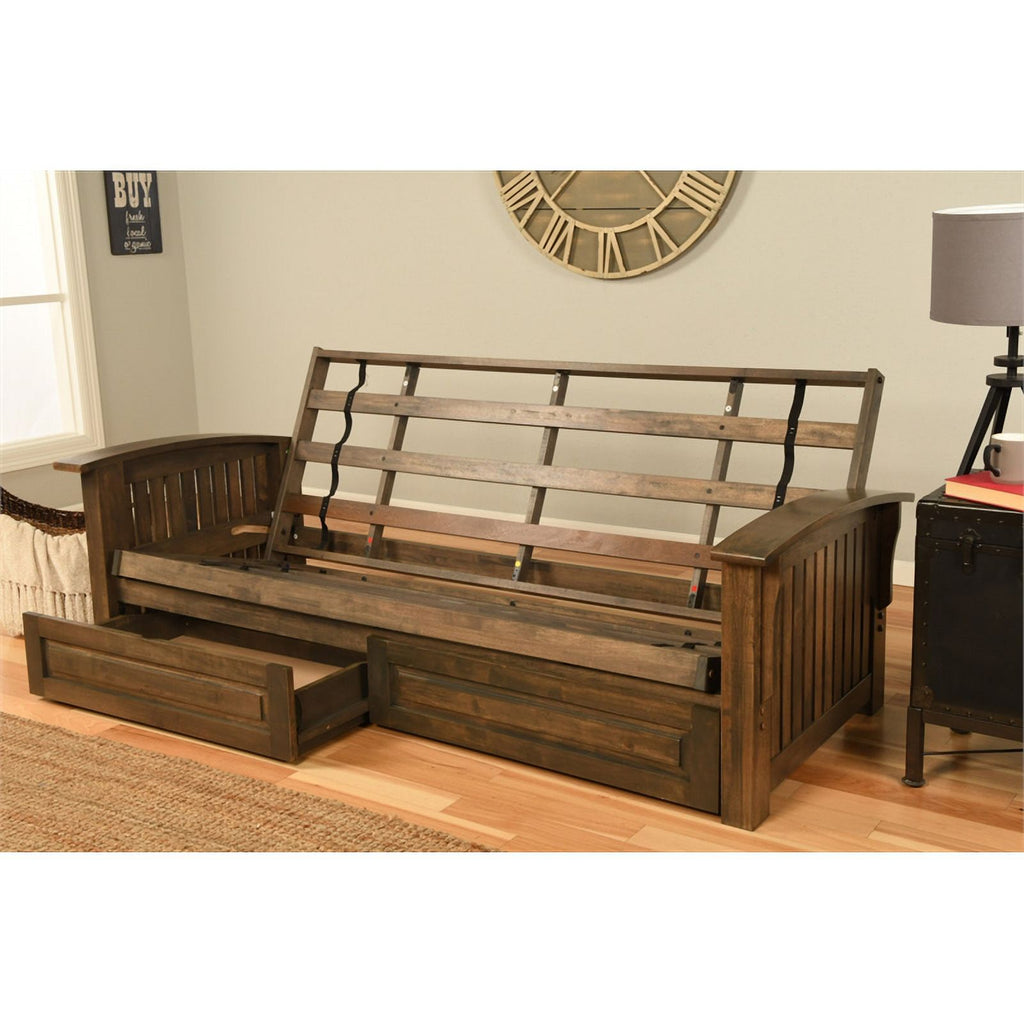Rustic Walnut Brown Futon with Storage Drawers U6588