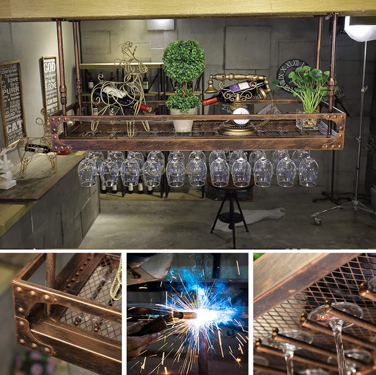 Coppery Bronze Metal Wall-Mounted Wine Glass Rack, 60x35cm U118