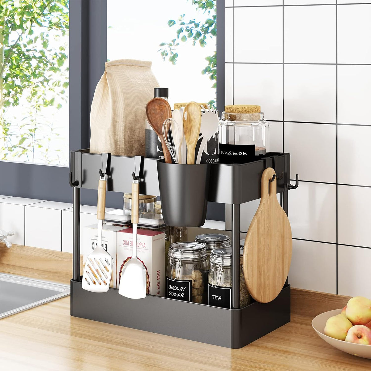 2 Tier Under Sink Rack Organizer with 6 Hooks, Black C9668