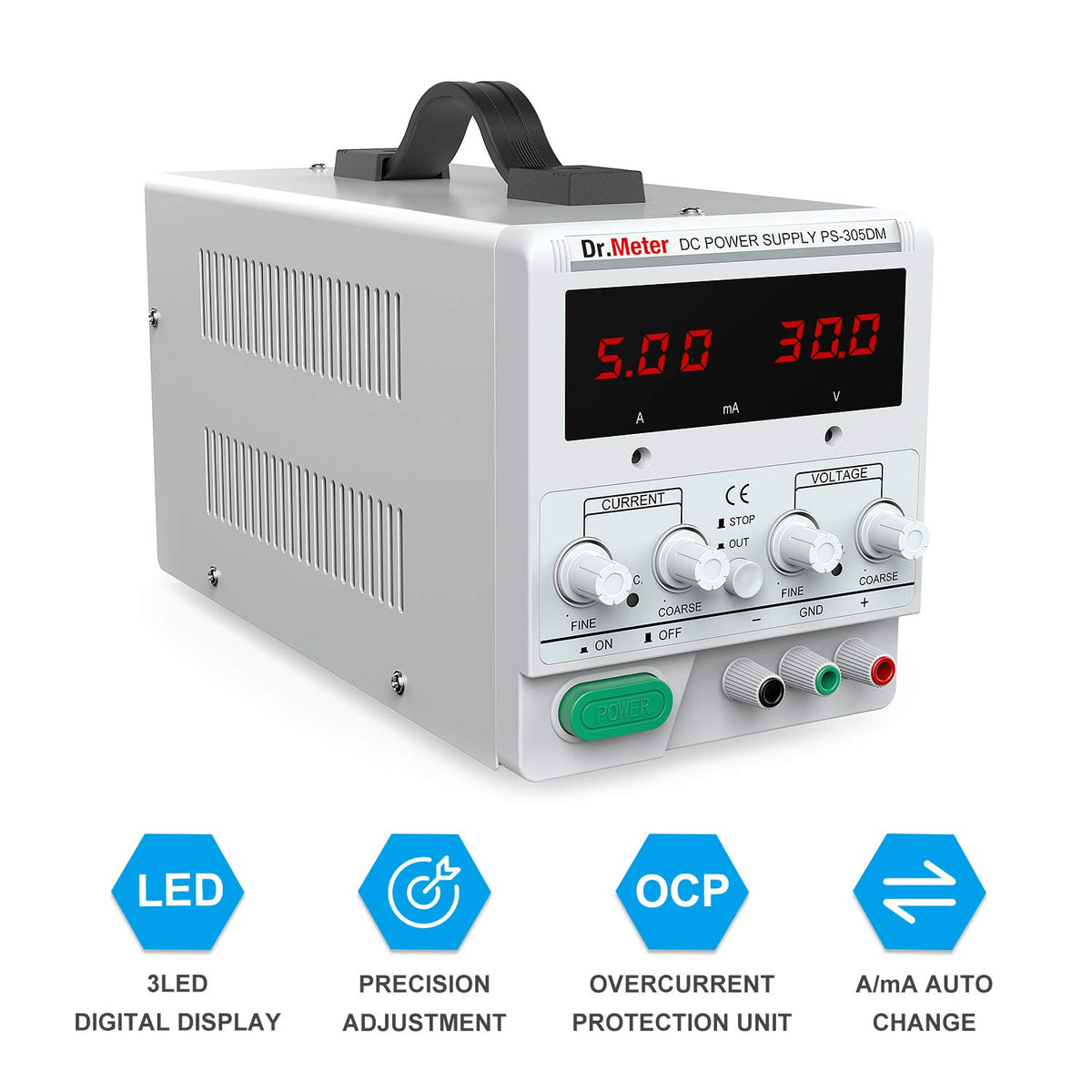 30V 5A Adjustable Switching Regulated DC Bench Linear Power Supply with Alligator Leads and 3 LED Digital Display W24217