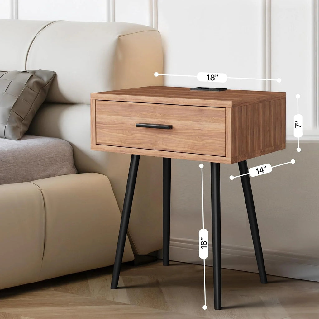 Walnut Nightstand with Charging Port and Wooden Drawers B535