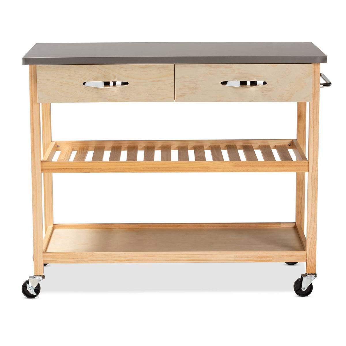 Pine Wood and Stainless Steel 2-Drawer Kitchen Island Utility Storage Cart L295