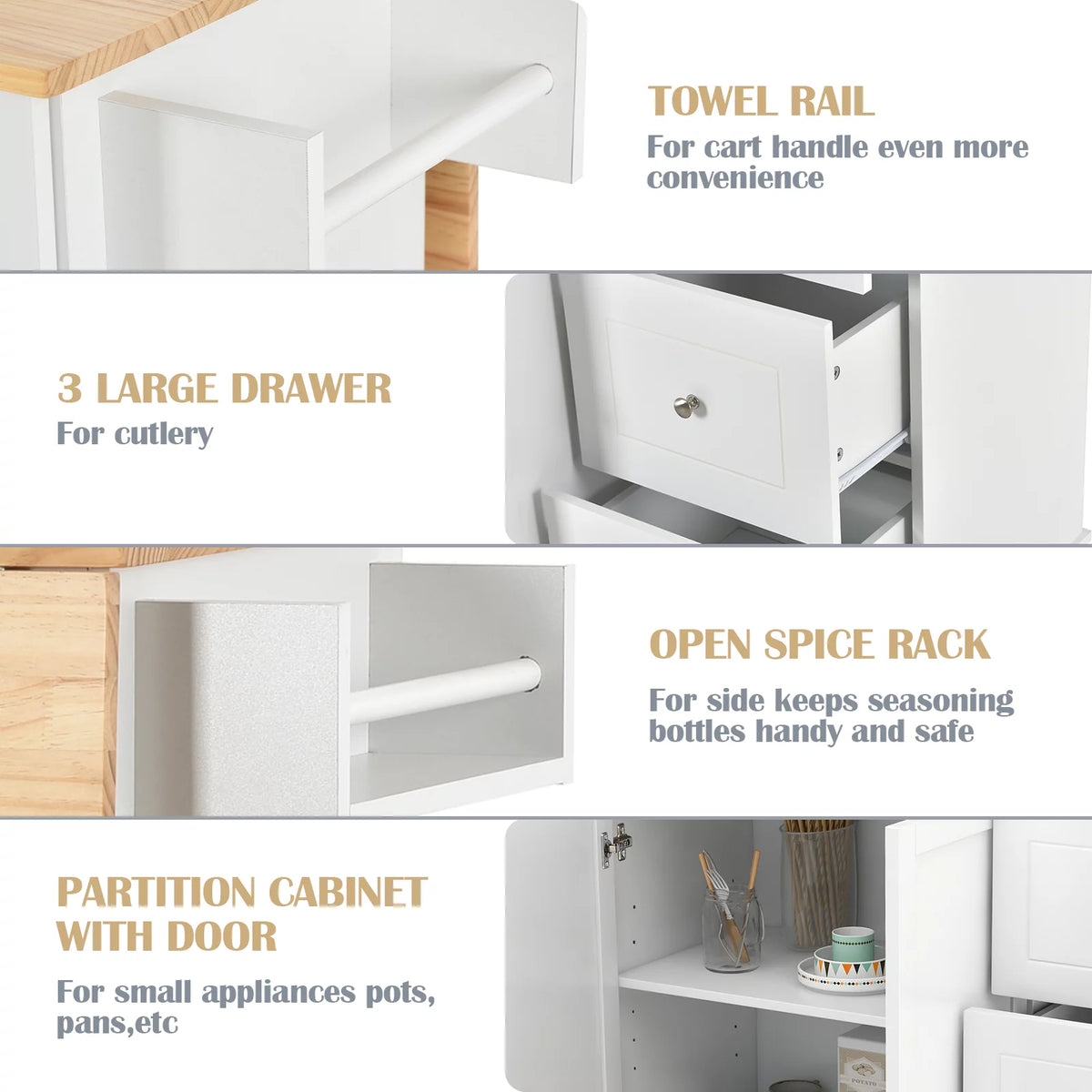 White Portable Kitchen Island with Drop Leaf and Storage R853