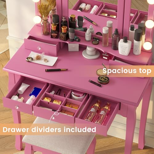 White Vanity Desk with Lighted Mirror and Stool, 5 Drawers Z8557