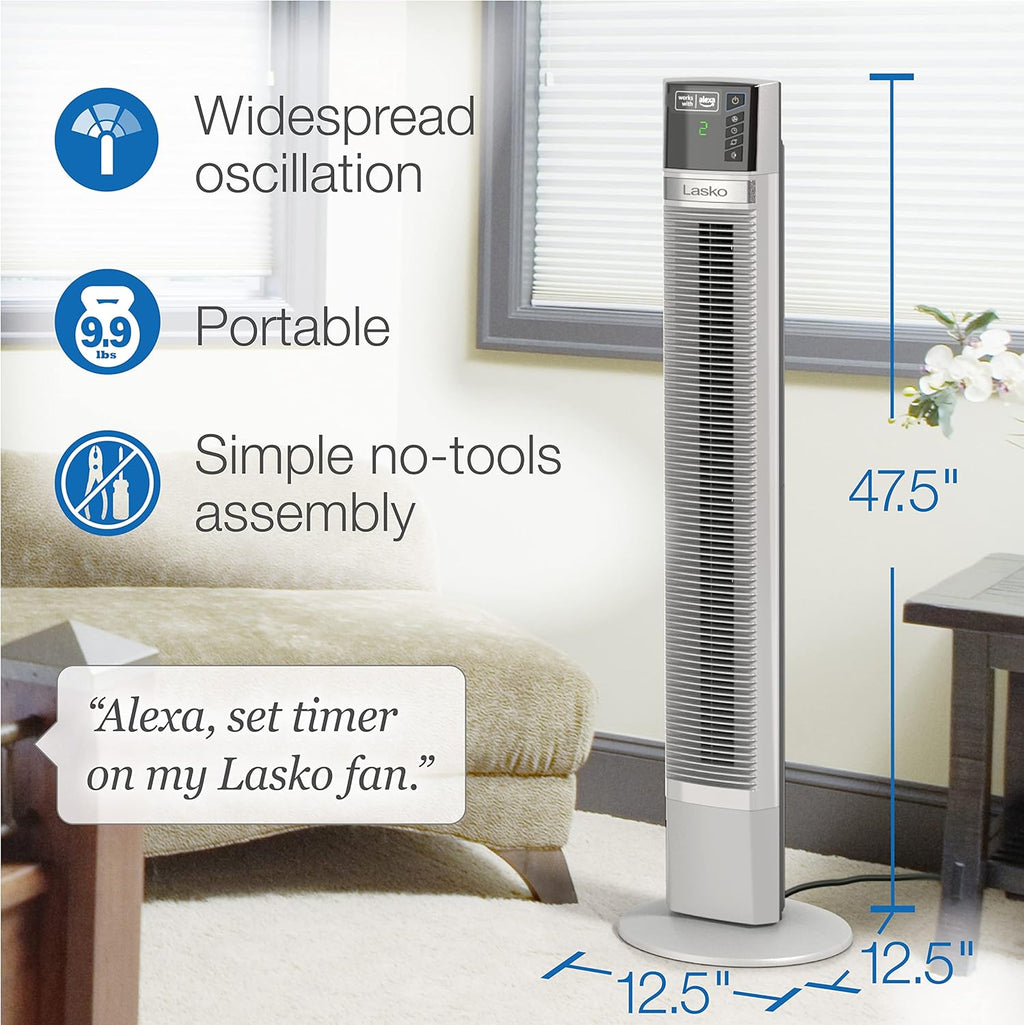White 48” Oscillating 4-Speed Tower Fan with Timer F7405