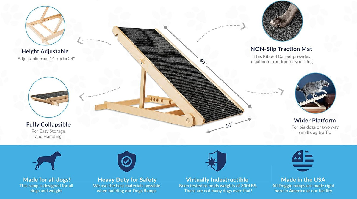 Adjustable Dog Ramp with Paw Traction Mat, 40" Long, 14” to 24”, Rated for 200LBS T311