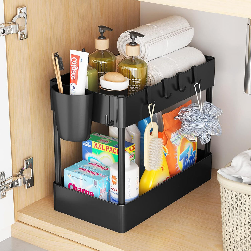 2 Tier Under Sink Rack Organizer with 6 Hooks, Black C9668