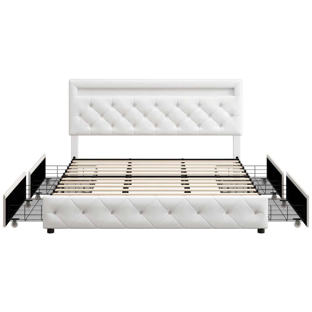 King LED Bed Frame with 4 Storage Drawer White O186