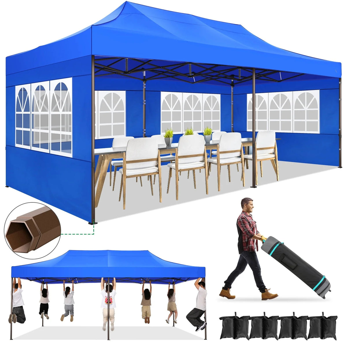 10x20 Pop up Canopy Tent with 6 Removable Sidewalls Blue U886