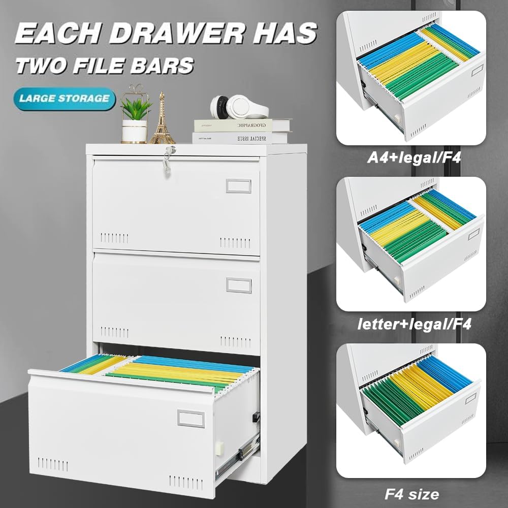 White 3-Drawer Metal Lateral File Cabinet Y932