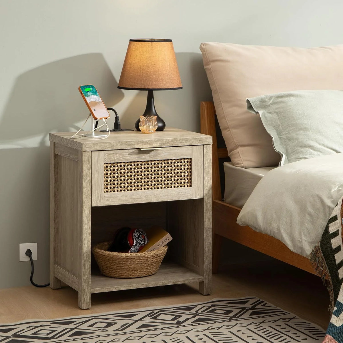 Farmhouse Nightstand with Charging Station Wood Drawer Accent Bedside Table with USB Ports Outlets End Table B359