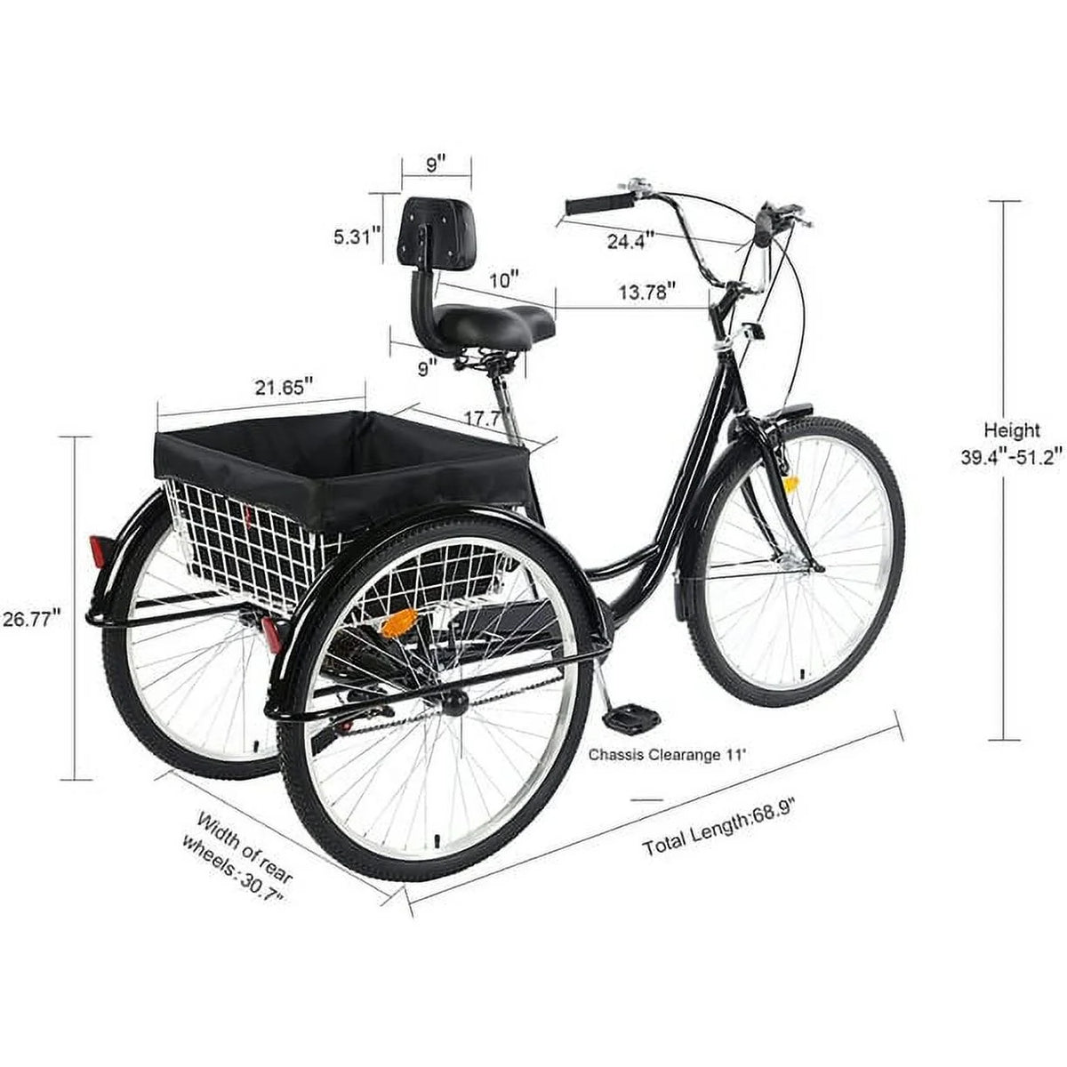 26 Inch 7-Speed 3-Wheel Bike (Black) M145
