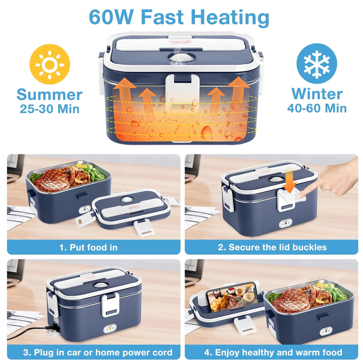 Electric Lunch Box Food Heater 60W 1.8L Stainless Steel Container P913889
