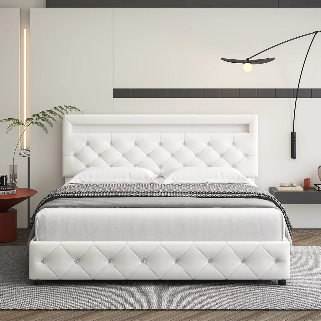 King LED Bed Frame with 4 Storage Drawer White O186