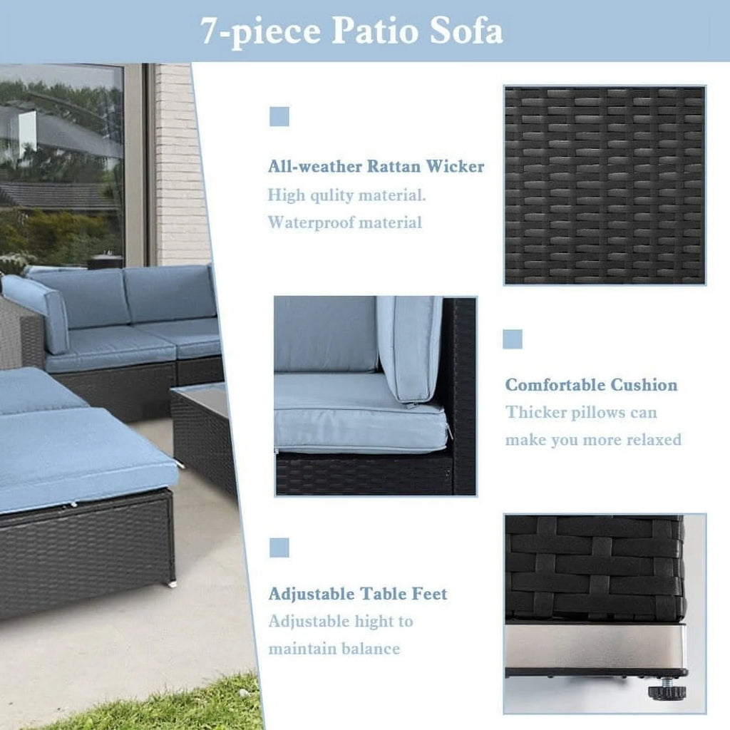 Black Wicker Rattan 7-piece Sectional Sofa Set U68899