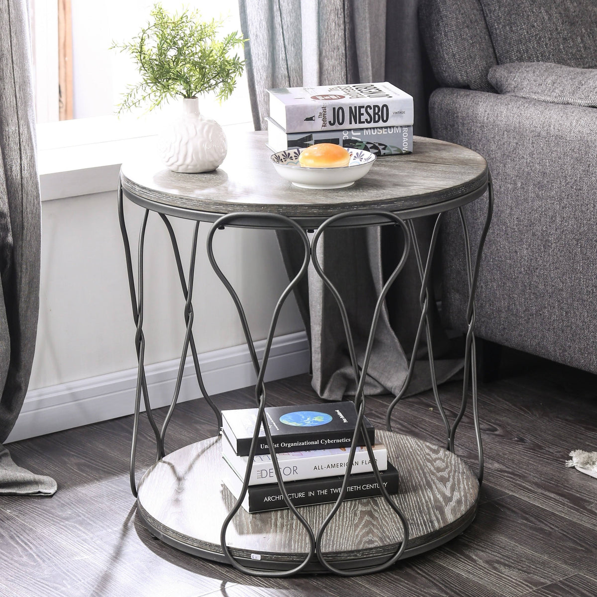 Rustic Grey Metal Round End Table C4233