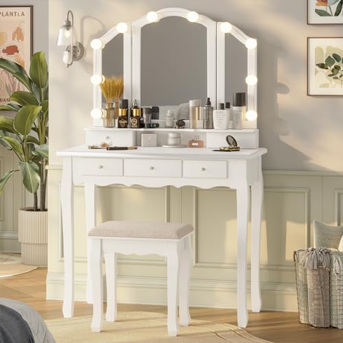 White Vanity Desk with Lighted Mirror and Stool, 5 Drawers Z8557