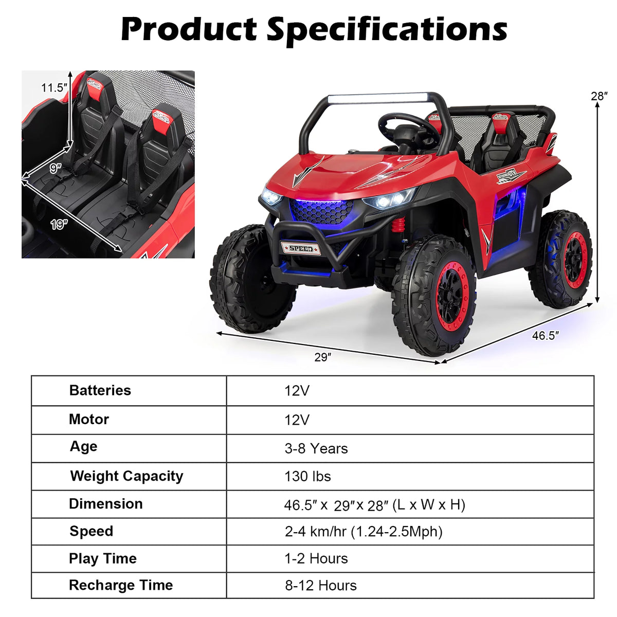 12V 2-Seater Kids Ride On UTV Electric Vehicle Pink E8047