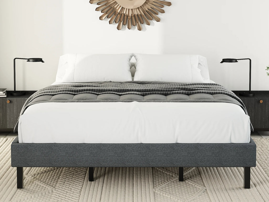 Grey King Size Upholstered Platform Bed Frame with Wood Slats C852569