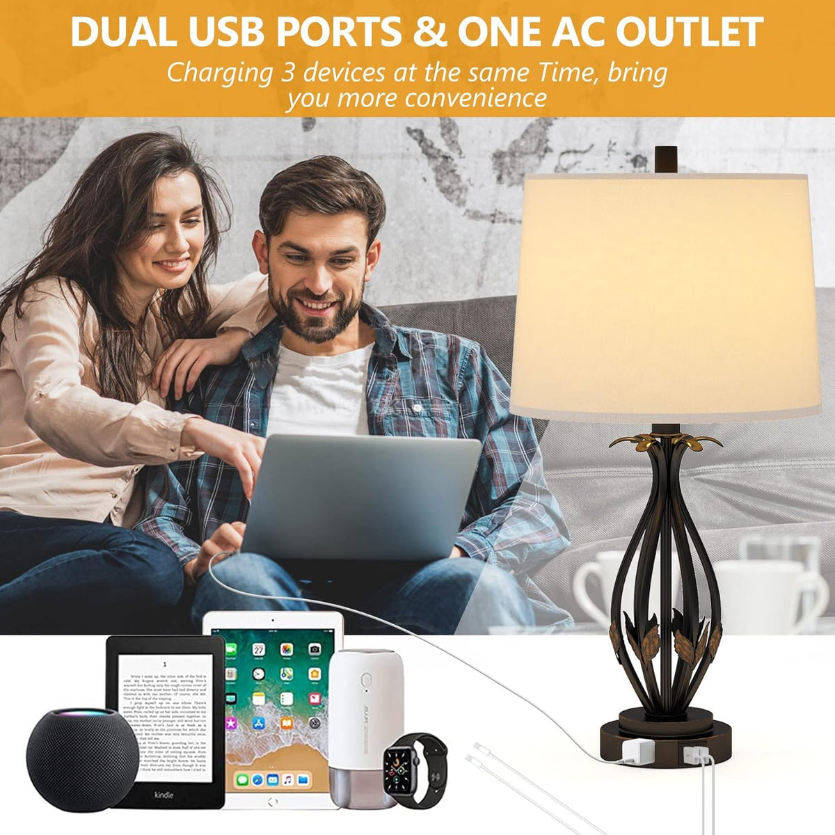 Table Lamp Set of 2, 3 Way Dimmable Touch with Dual USB Ports and AC Outlet F354525