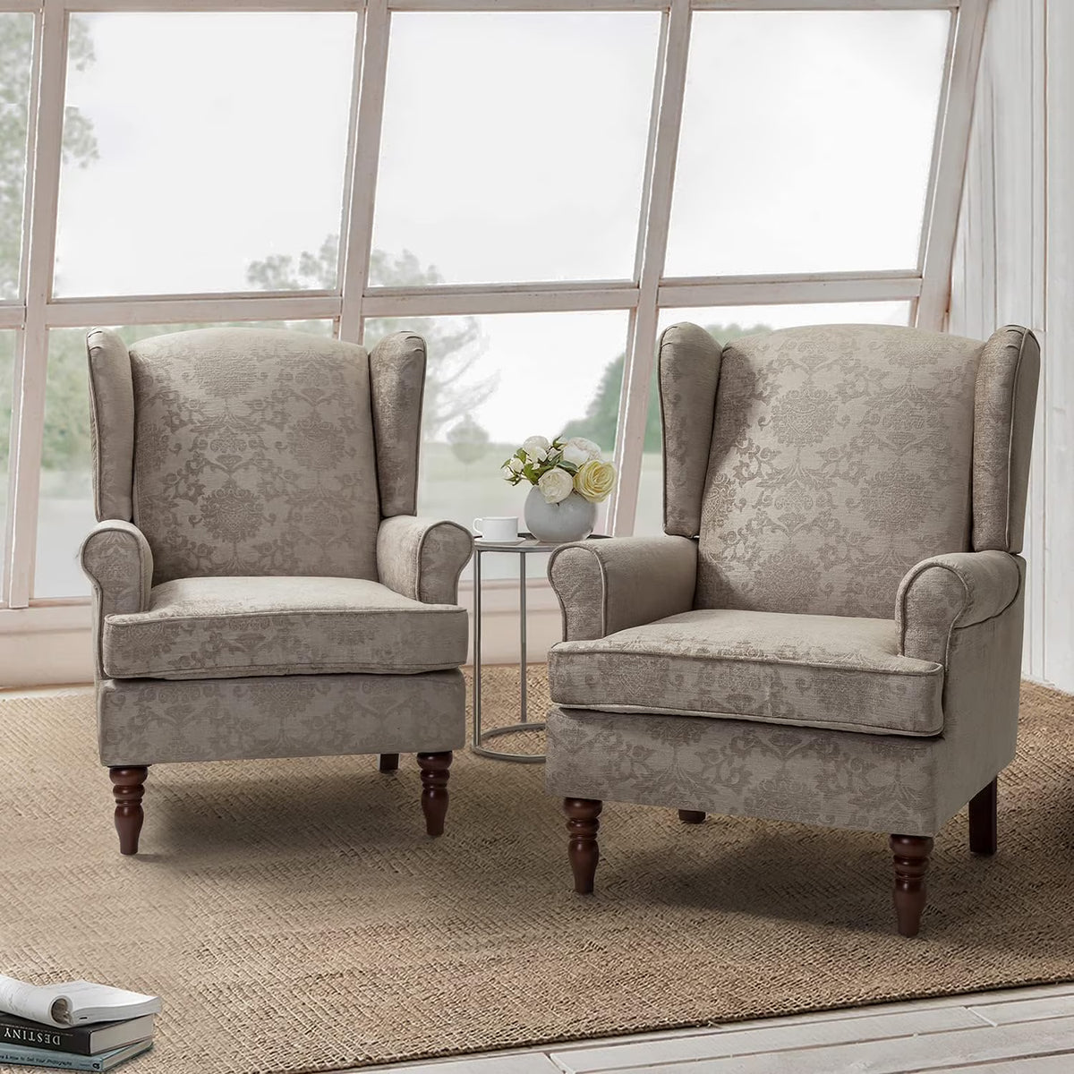Wingback Accent Chairs Set Of 2 With Wood Legs Fabric Upholstered V489