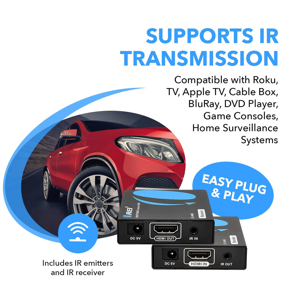 HDMI Extender Over LAN Single CAT5e/CAT6A/CAT7 Cable Uncompressed 1080p 60Hz Up to 400 Ft Transmitter and Receiver R60750