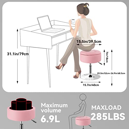 Black PU Leather Adjustable Height 17.9" to 24.4" Round Vanity Stool with Storage R36972
