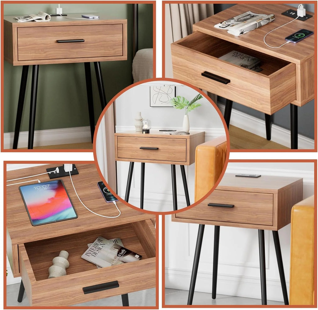 Walnut Nightstand with Charging Port and Wooden Drawers B535