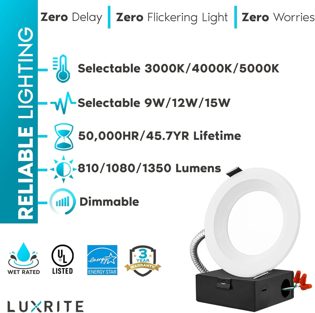 4 Inch LED Recessed Light, 3 Color Selectable 3000K-5000K, 6 Pack K887