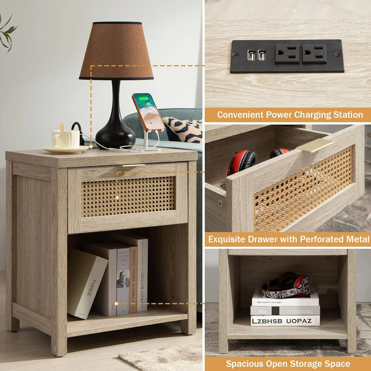 Farmhouse Nightstand with Charging Station Wood Drawer Accent Bedside Table with USB Ports Outlets End Table B359